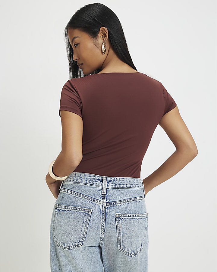 Petite Brown Scoop Neck Bodysuit