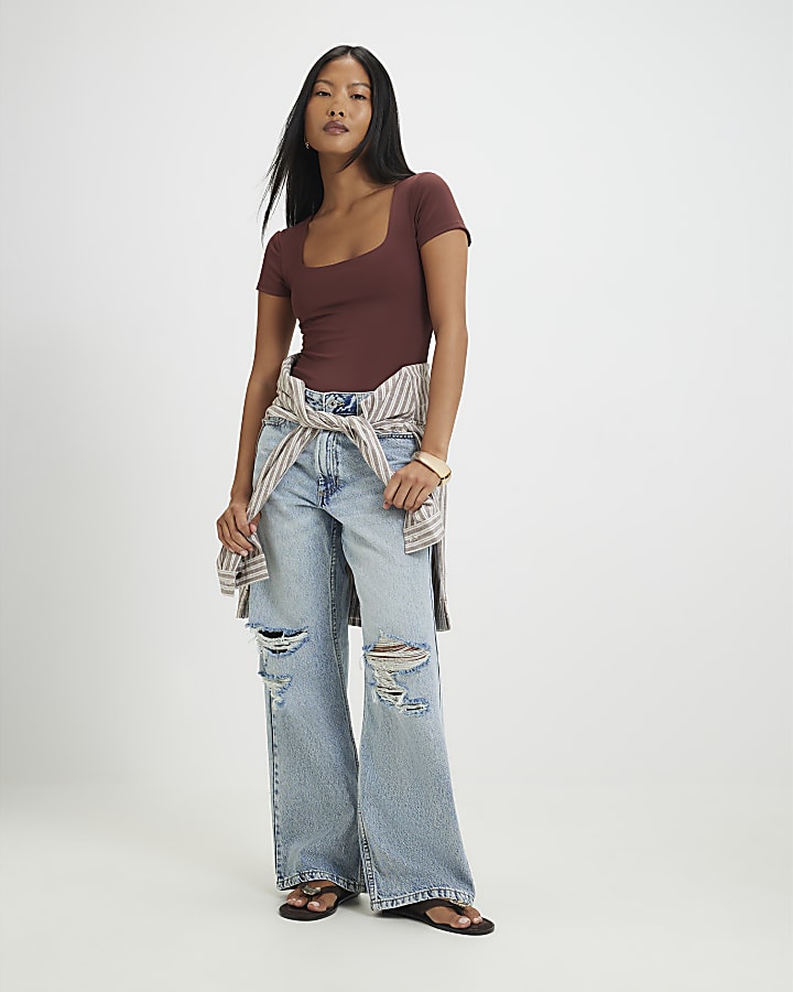 Petite Brown Scoop Neck Bodysuit