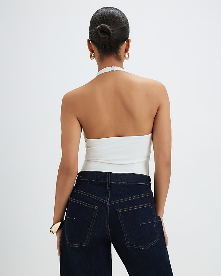 Petite Cream Sleeveless Halter Neck Bodysuit