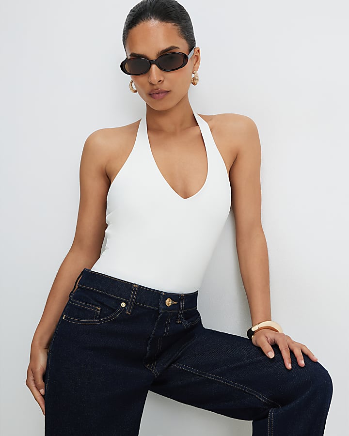 Petite Cream Sleeveless Halter Neck Bodysuit
