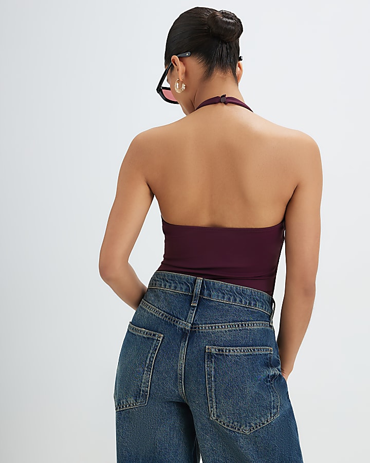 Petite Red Sleeveless Halter Neck Bodysuit