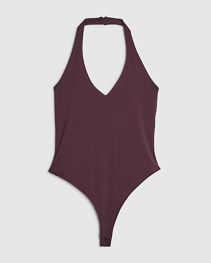 Petite Red Sleeveless Halter Bodysuit