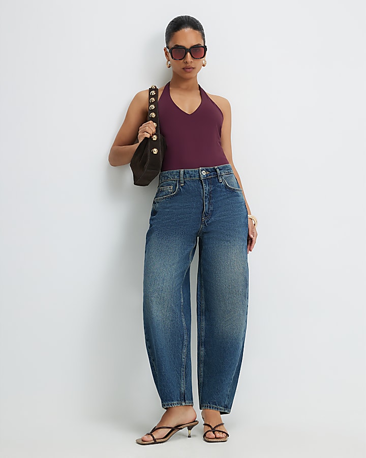 Petite Red Sleeveless Halter Neck Bodysuit