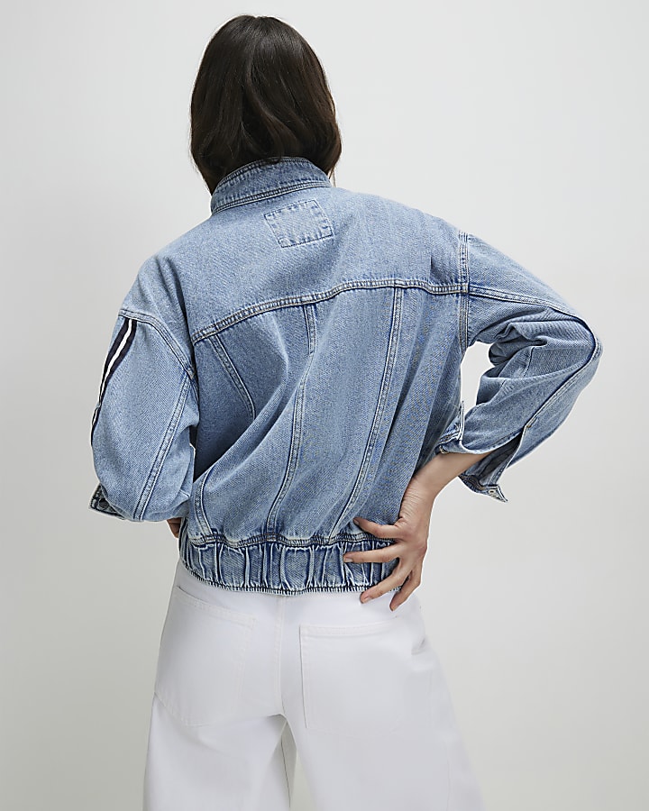 Blue Side Stripe Funnel Neck Denim Bomber