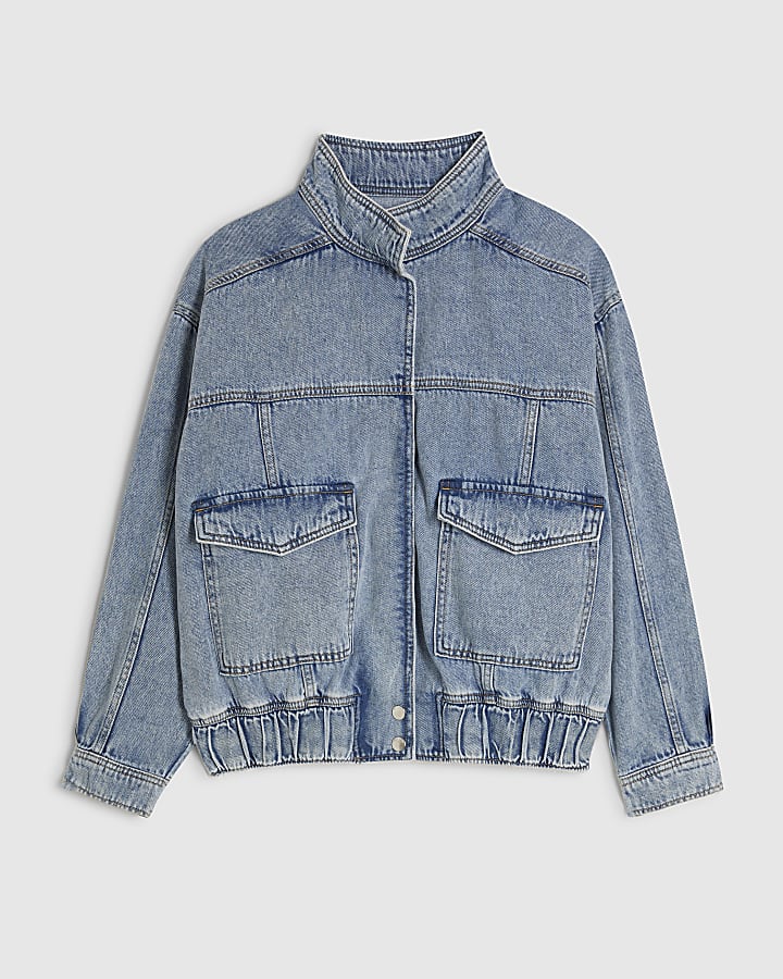 Blue Side Stripe Funnel Neck Denim Bomber