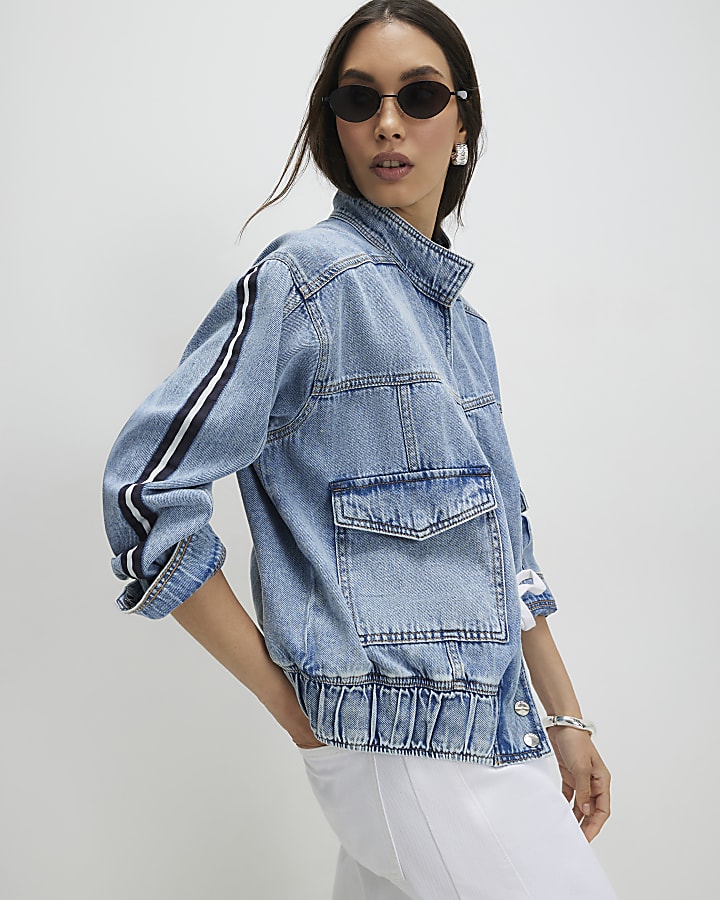 Blue Side Stripe Funnel Neck Denim Bomber