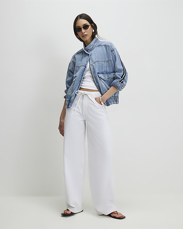 Blue Side Stripe Funnel Neck Denim Bomber