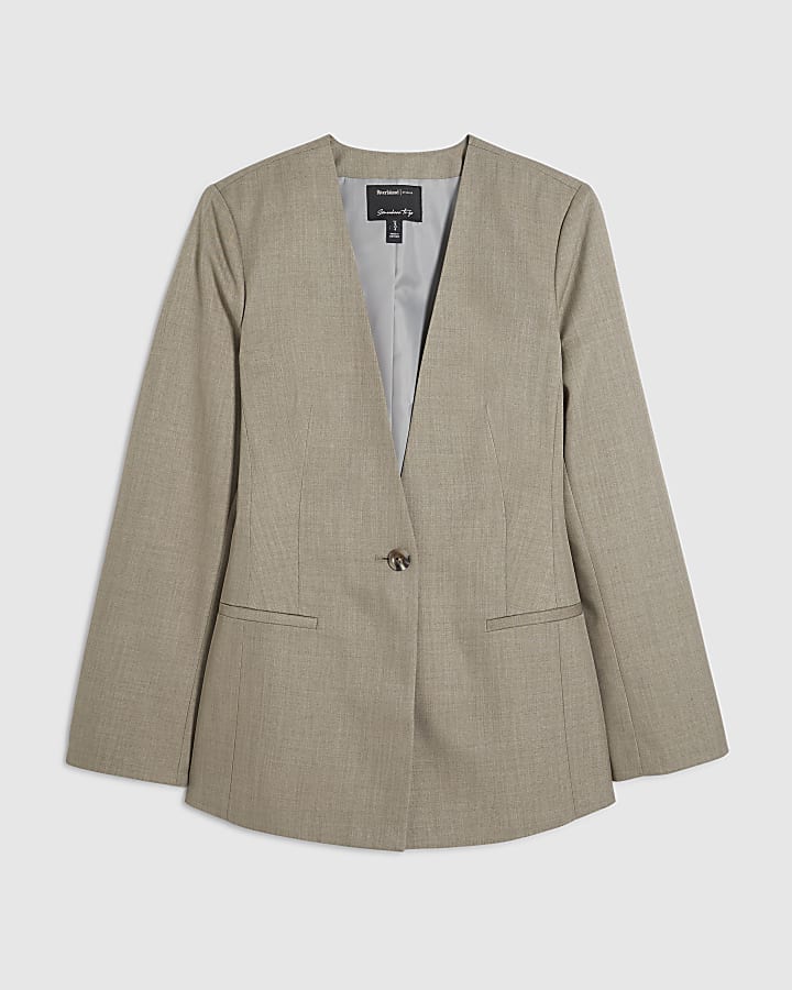 Beige Collarless Blazer