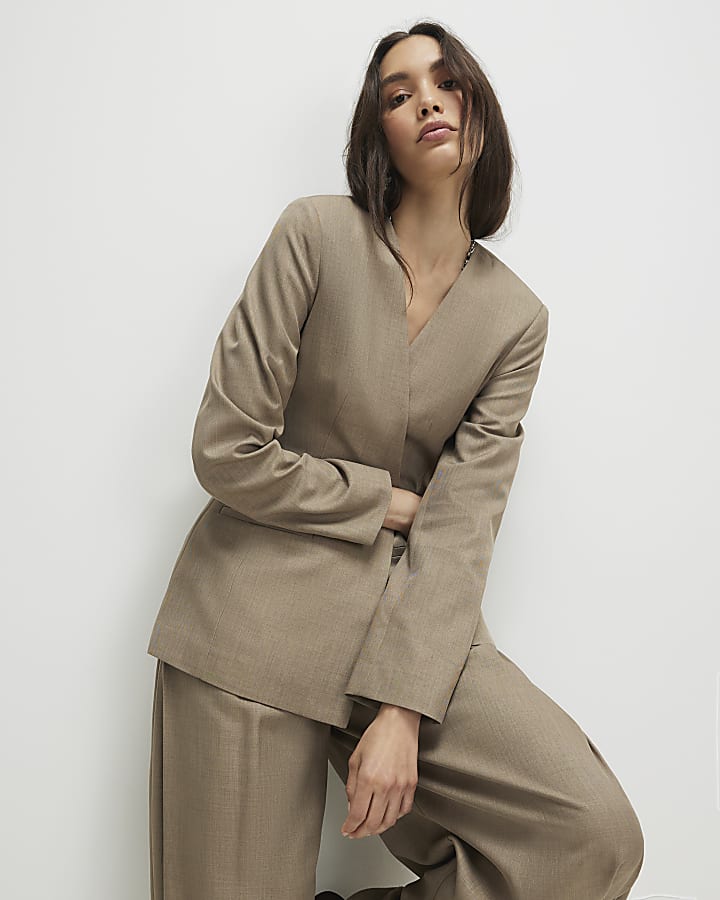 Beige Collarless Blazer