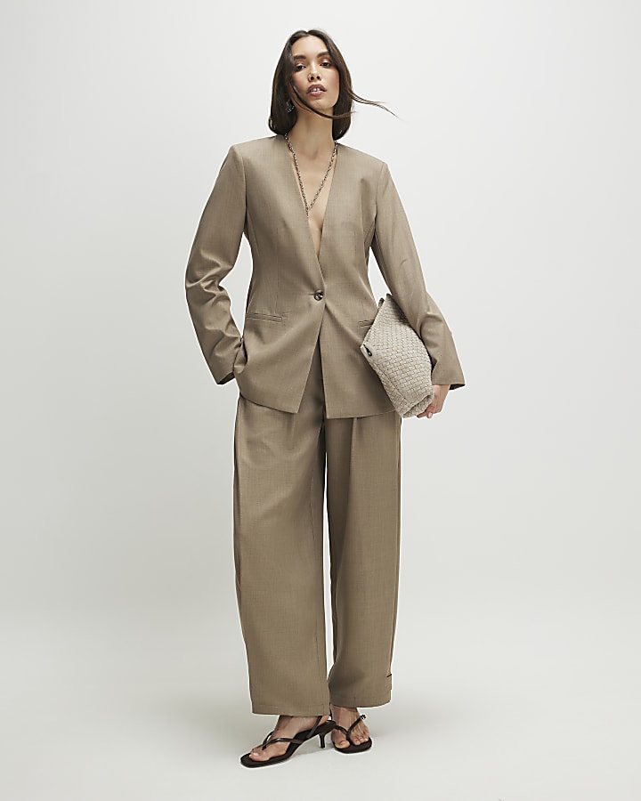 Beige Collarless Blazer