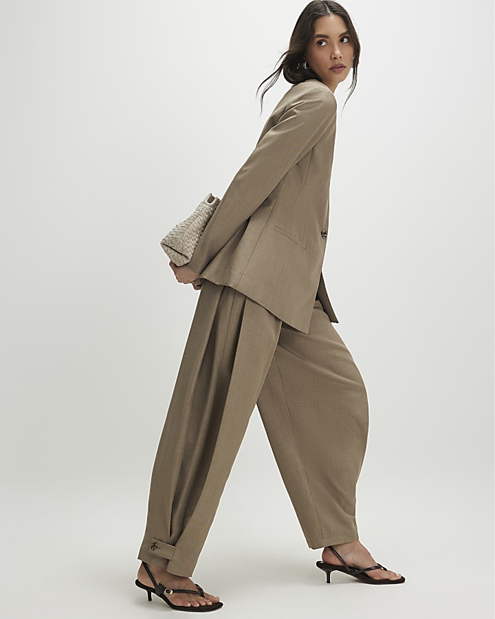 Beige Cross Hatch Barrel Trousers