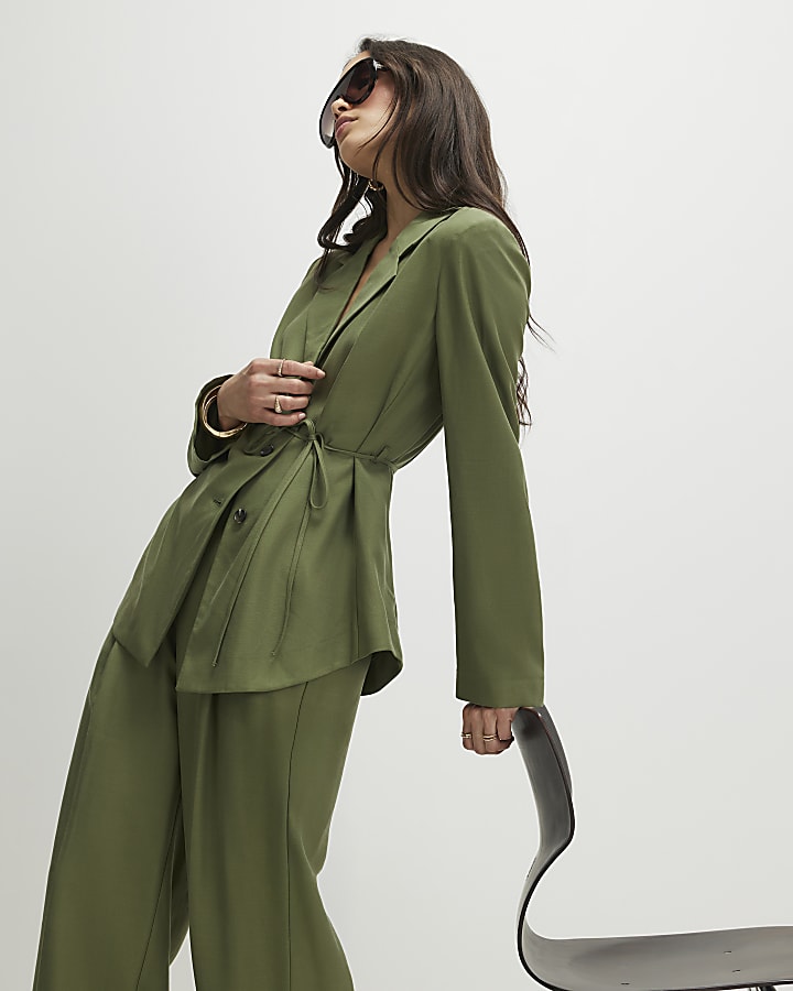 Green Long Sleeve Tie Waist Shacket