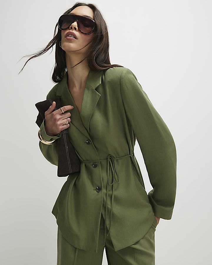 Green Long Sleeve Tie Waist Shacket