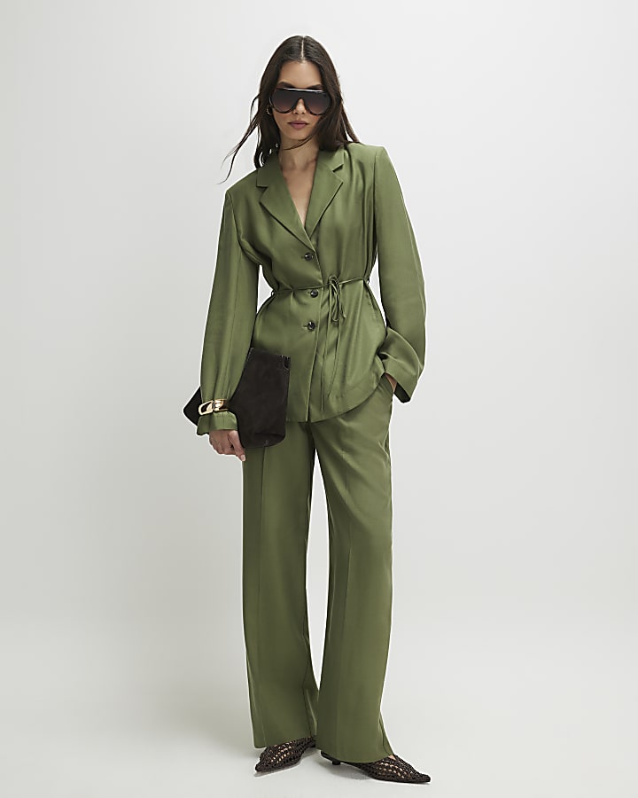 Green Long Sleeve Tie Waist Shacket