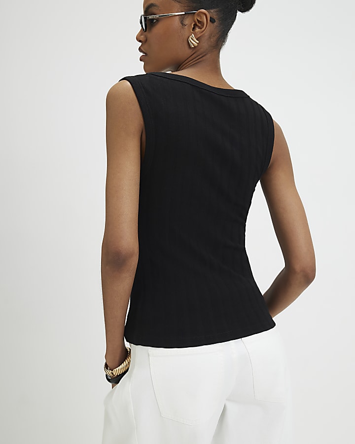 Black Cotton Blend Rib Square Neck Tank Top