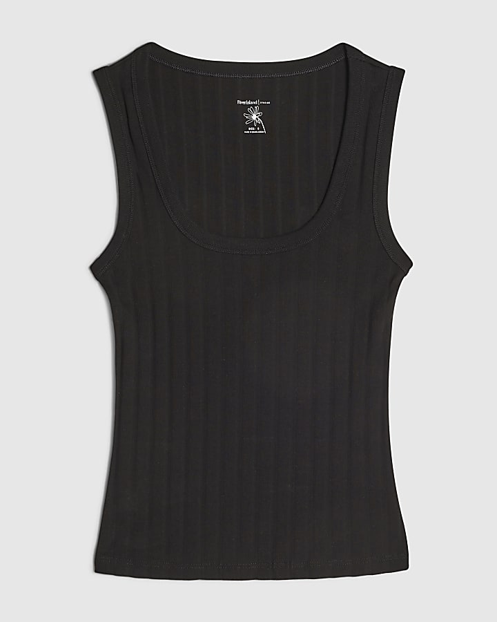 Black Cotton Blend Rib Square Neck Tank Top