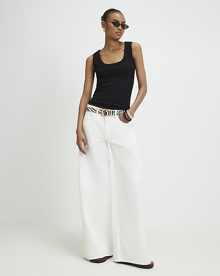 Black Cotton Blend Rib Square Neck Tank Top