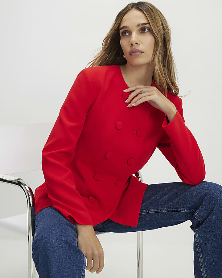 Red Long Sleeve Double Breasted Cape Blazer