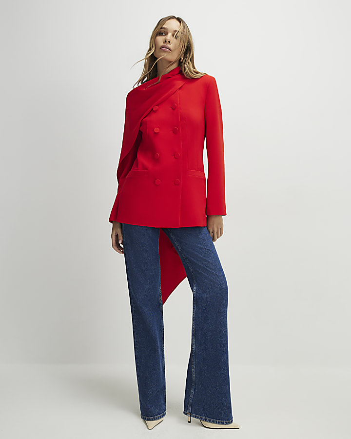 Red Long Sleeve Double Breasted Cape Blazer