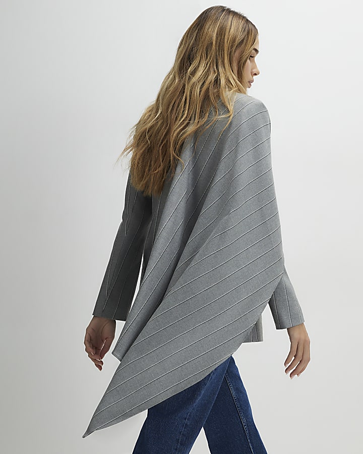Grey Striped Double Breasted Cape Blazer
