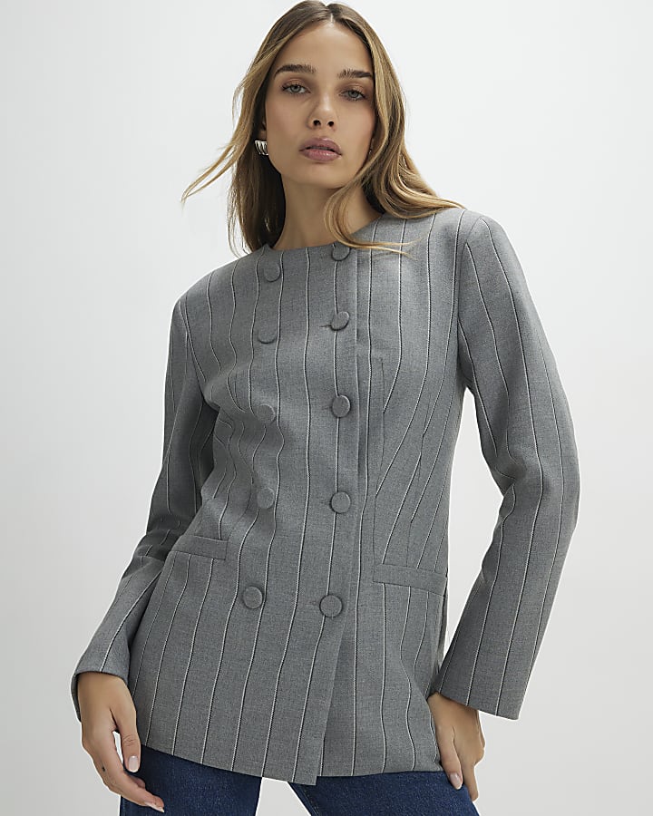 Grey Striped Double Breasted Cape Blazer