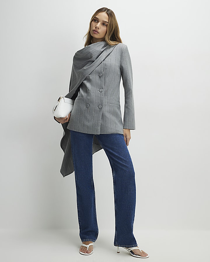 Grey Striped Double Breasted Cape Blazer