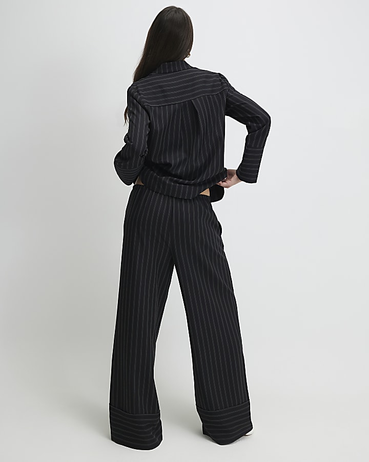 Black Striped Turned Up Hem Wide Leg Trousers