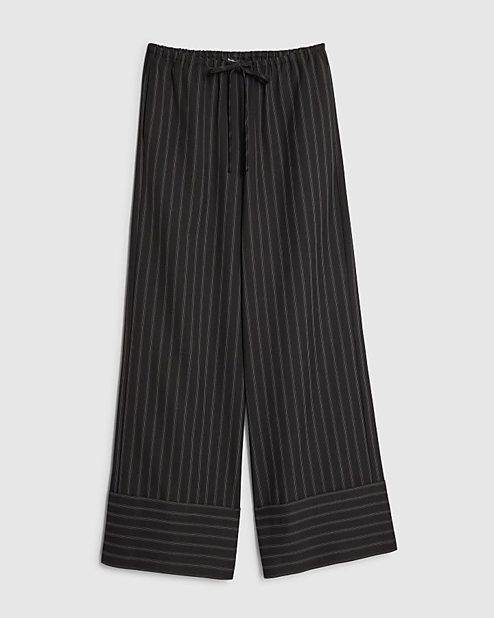Black Striped Turned Up Hem Wide Leg Trousers
