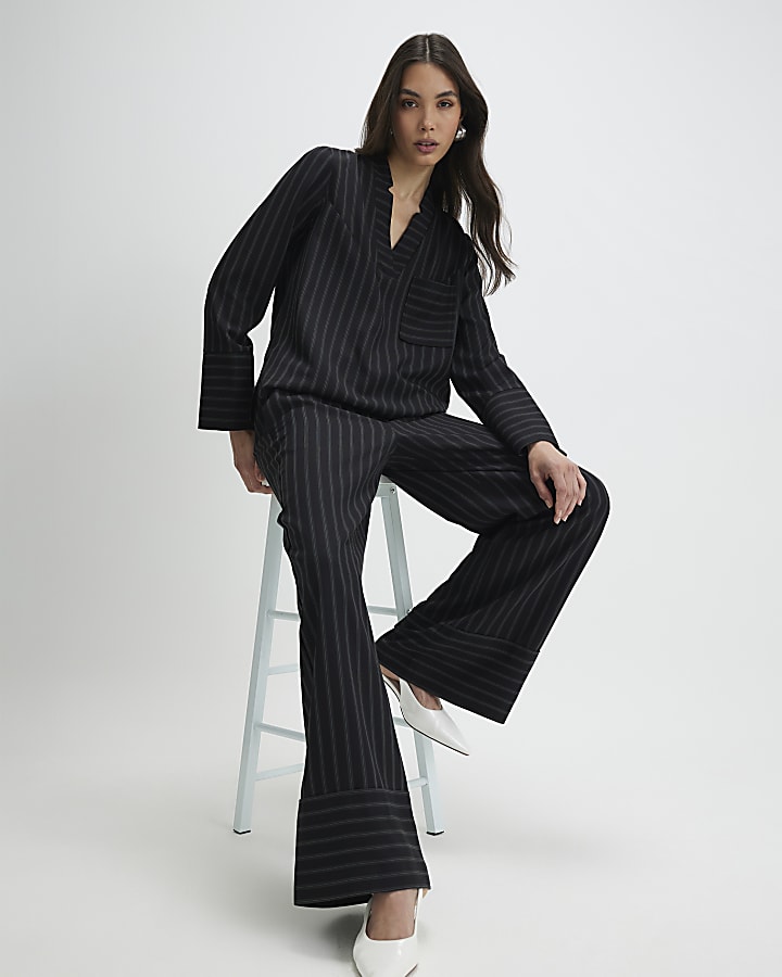 Black Striped Turned Up Hem Wide Leg Trousers