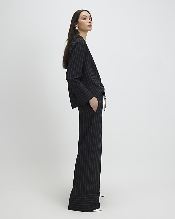 Black Striped Turned Up Hem Wide Leg Trousers