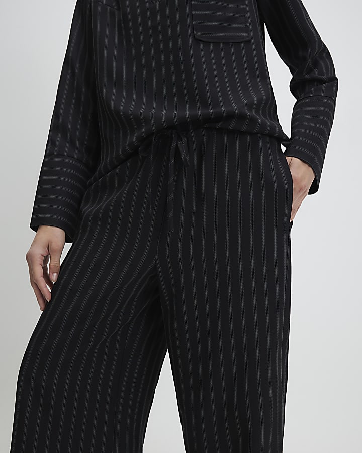 Black Striped Turned Up Hem Wide Leg Trousers