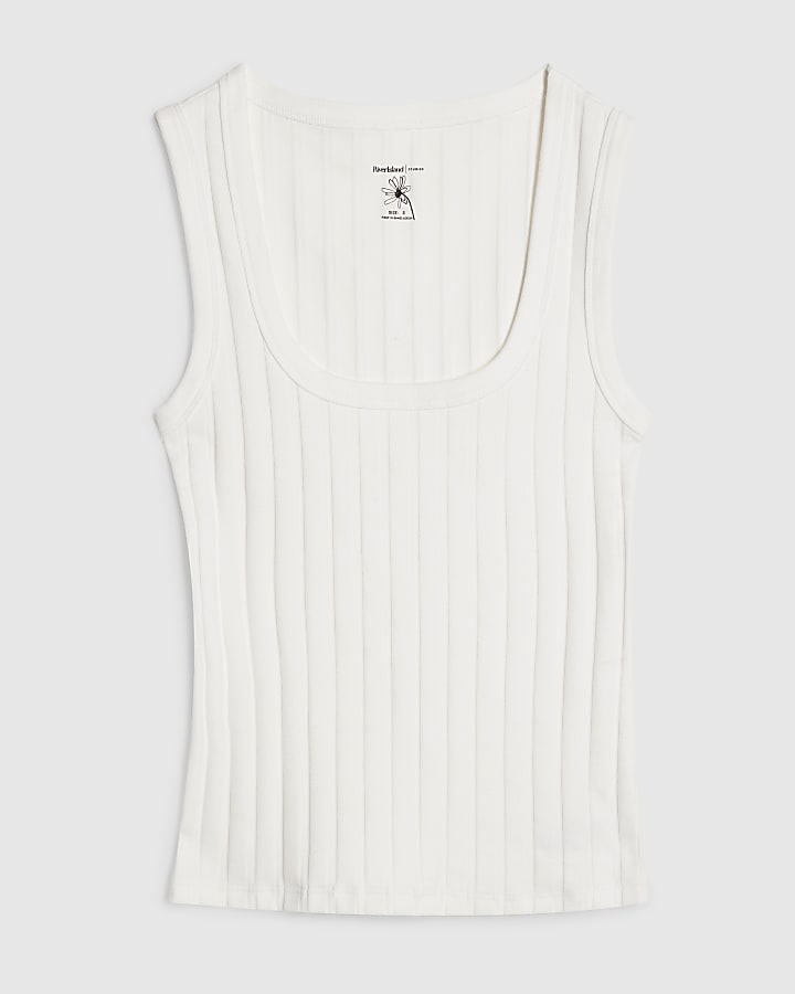White Cotton Blend Rib Square Neck Tank Top