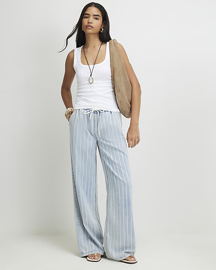 White Cotton Blend Rib Square Neck Tank Top