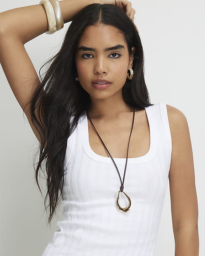 White Cotton Blend Rib Square Neck Tank Top