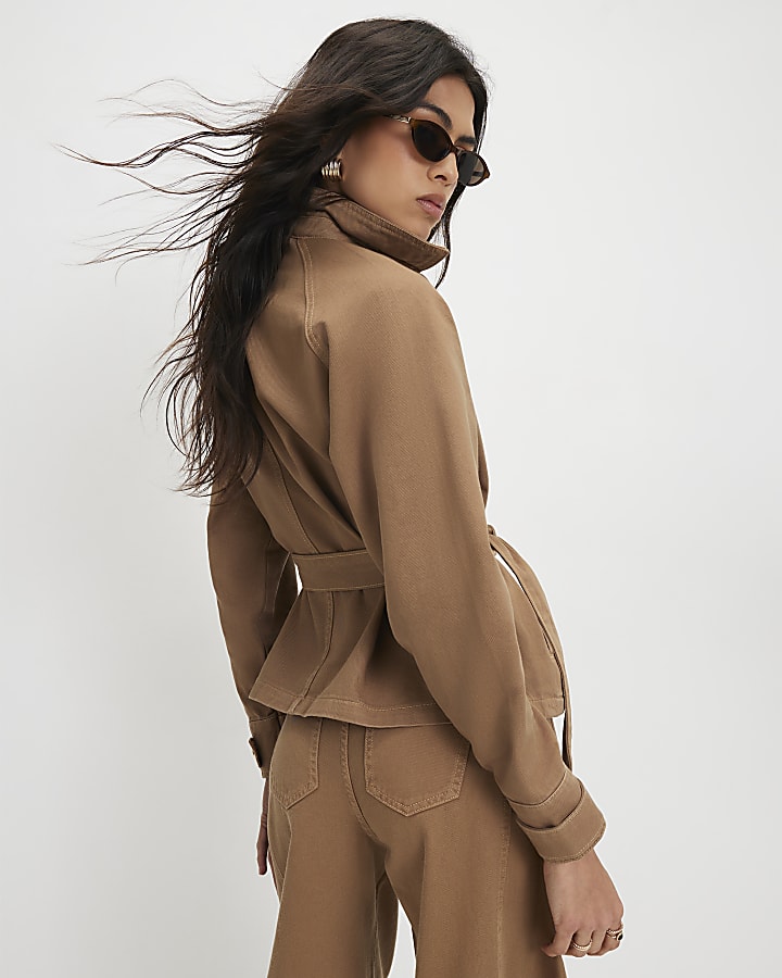 Brown Denim Cropped Trench Jacket