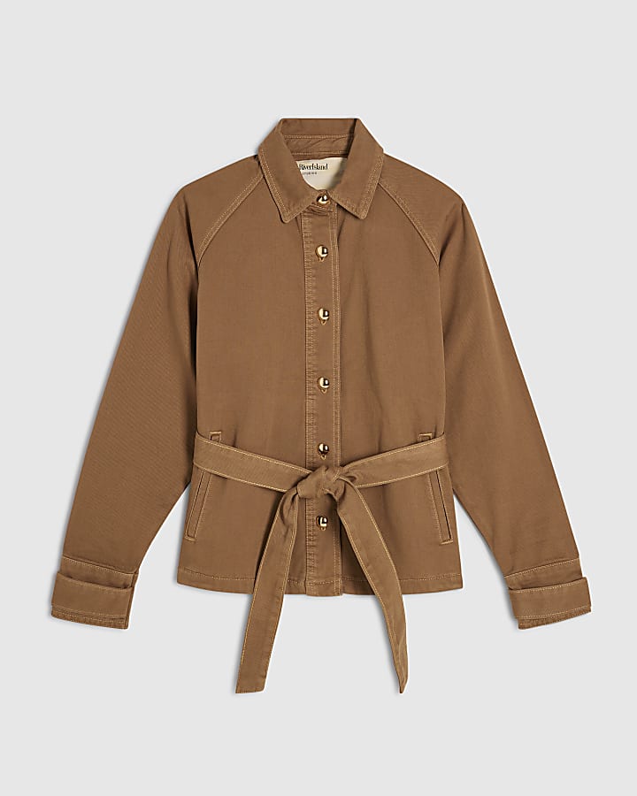 Brown Denim Cropped Trench Jacket