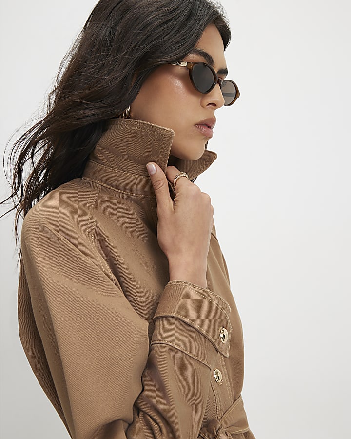 Brown Denim Cropped Trench Jacket