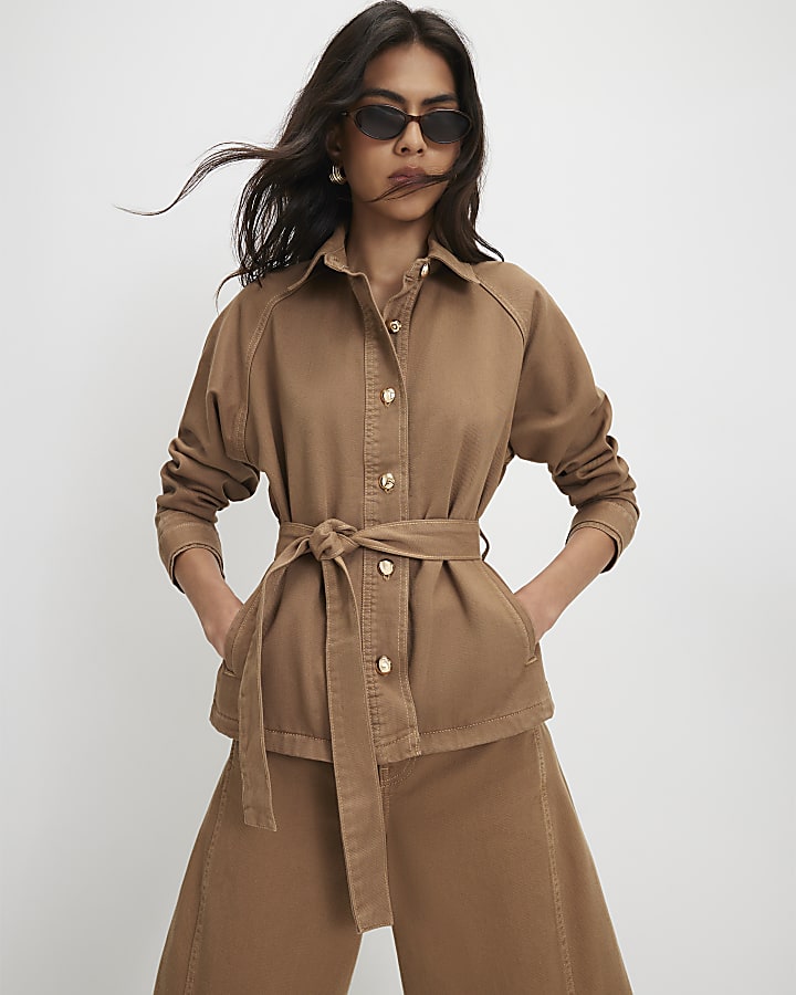 Brown Denim Cropped Trench Jacket