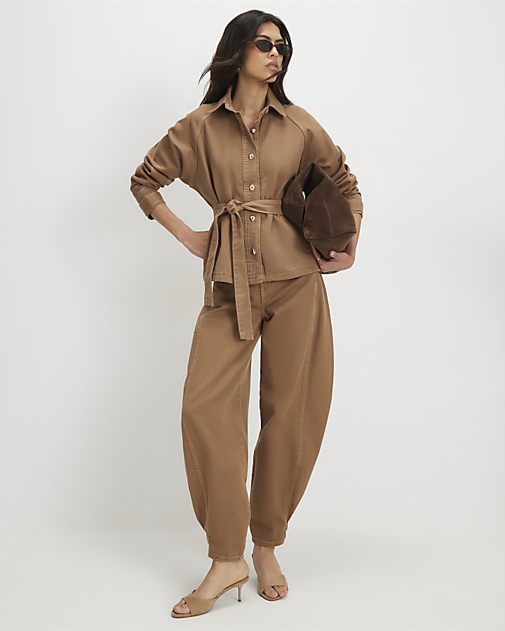 Brown Denim Cropped Trench Jacket