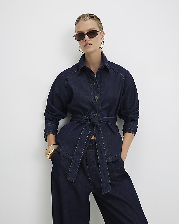 Blue Denim Cropped Trench Jacket