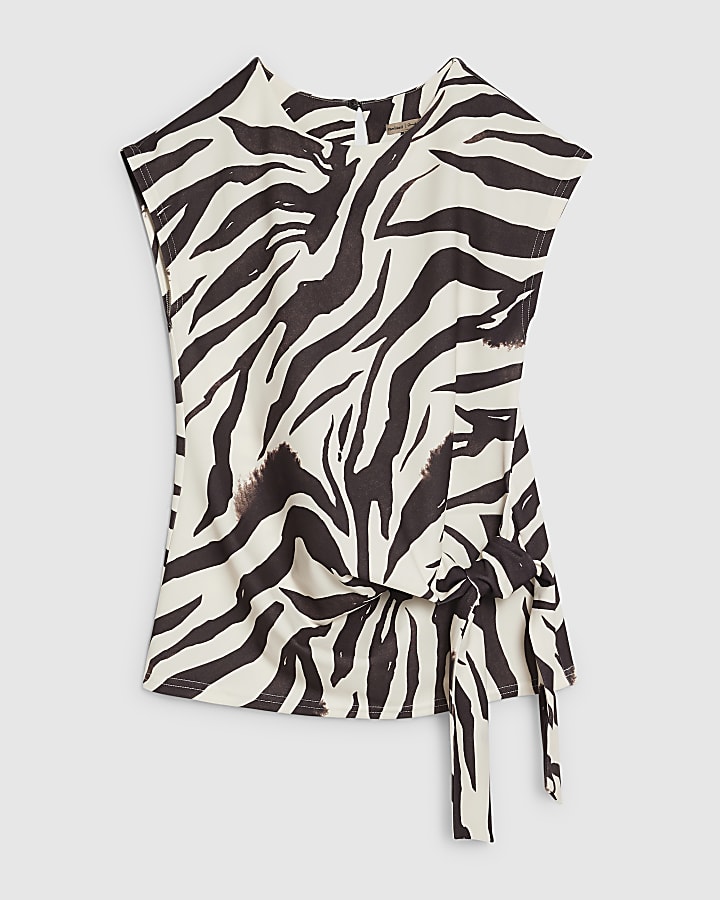 White Zebra Print Tie Side Top