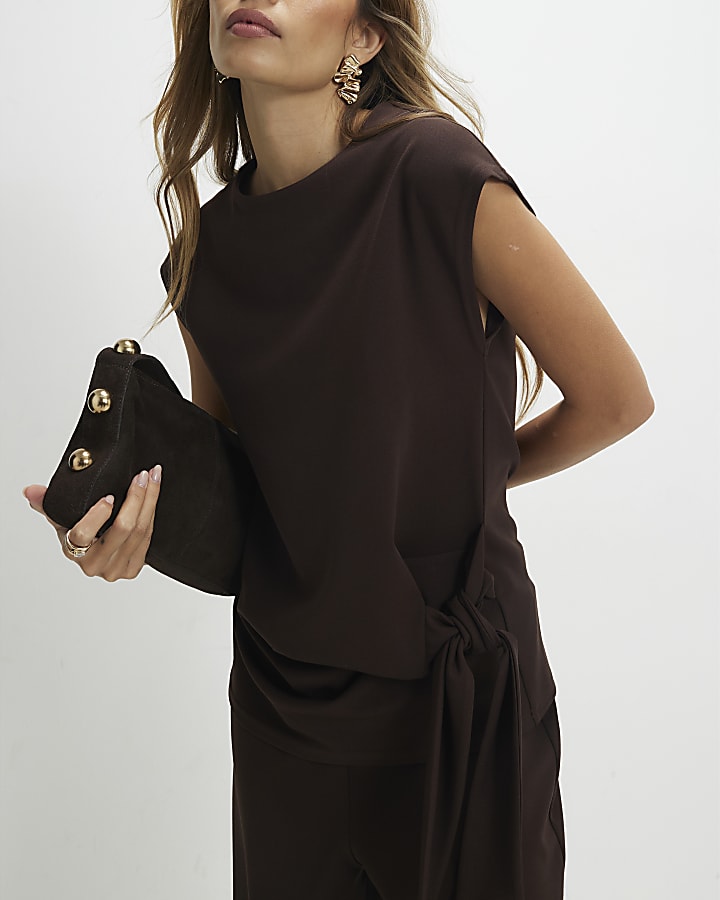 Brown Sleeveless Tie Side Top