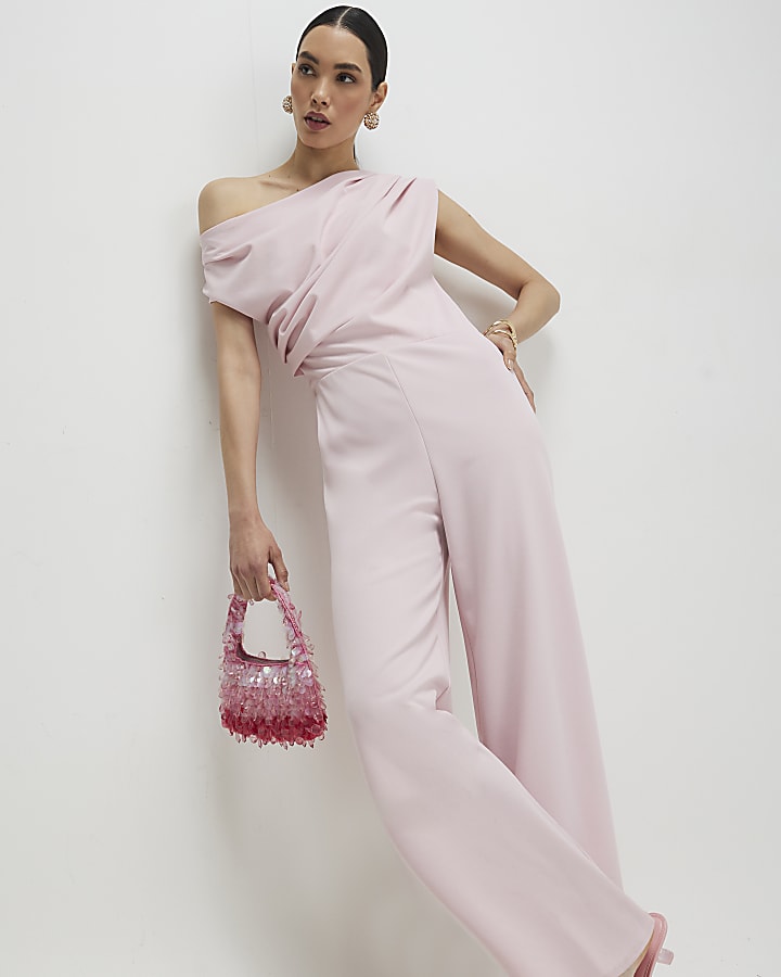Pink Asymmetric Drape Jumpsuit