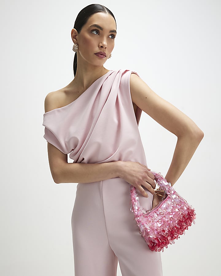 Pink Asymmetric Drape Jumpsuit