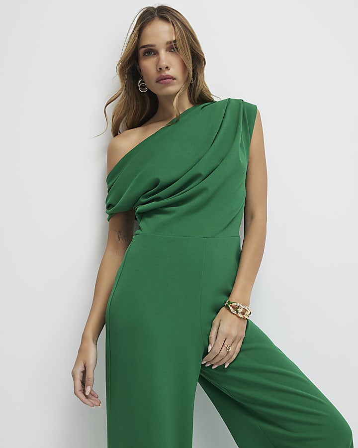 Green Asymmetric Drape Jumpsuit