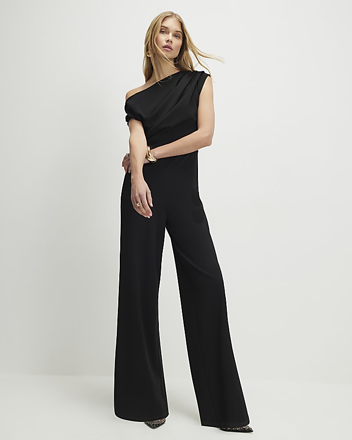 Black Sleeveless Asymmetric Drape Jumpsuit