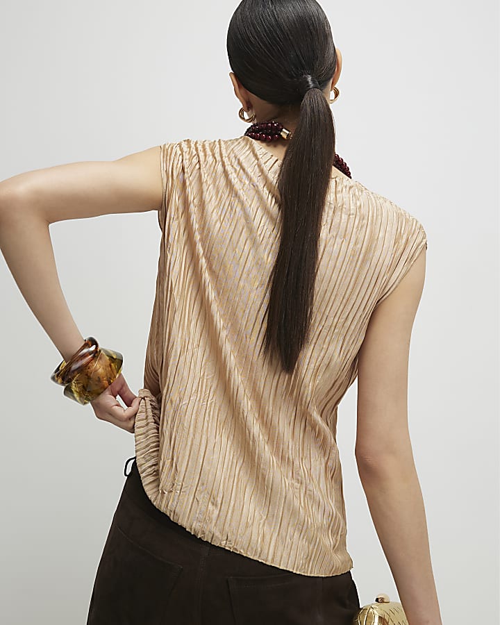 Beige Sleeveless Plisse Top