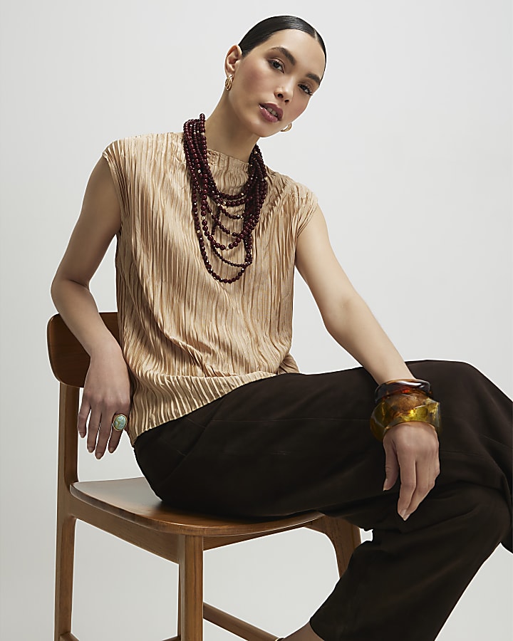 Beige Sleeveless Plisse Top