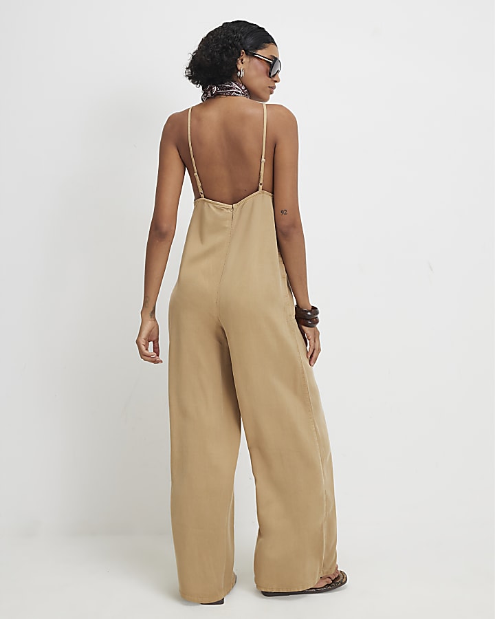 Beige Twill V-neck Jumpsuit