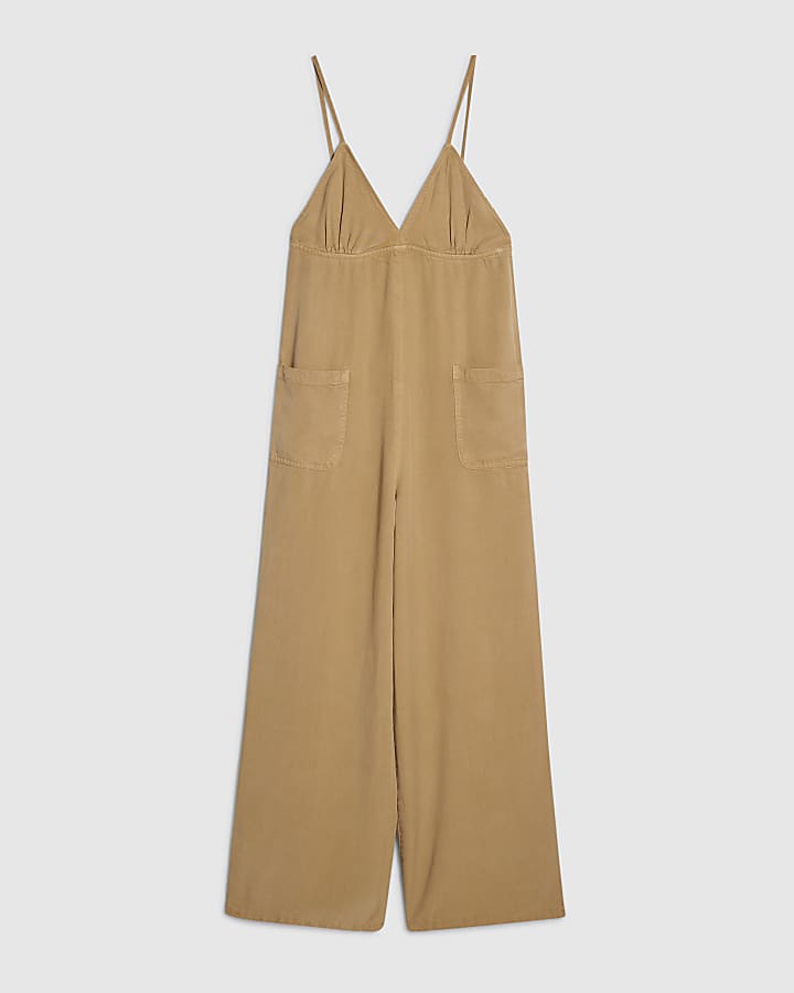 Beige Twill V-neck Jumpsuit